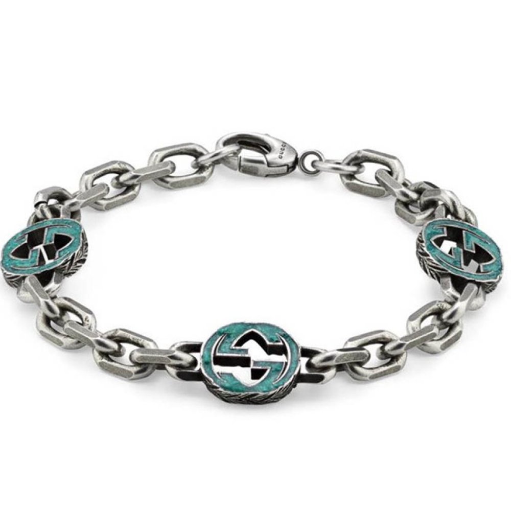 Gucci Sterling Silver Bracelet with Turquoise Enameled Double G